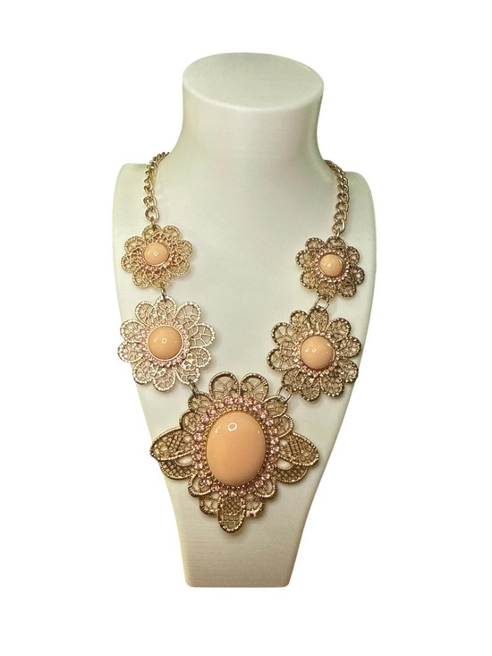 NY Collection Jewelry - New York Victorian Inspired Statement Necklace Gold Filigree Pink Stone Vintage